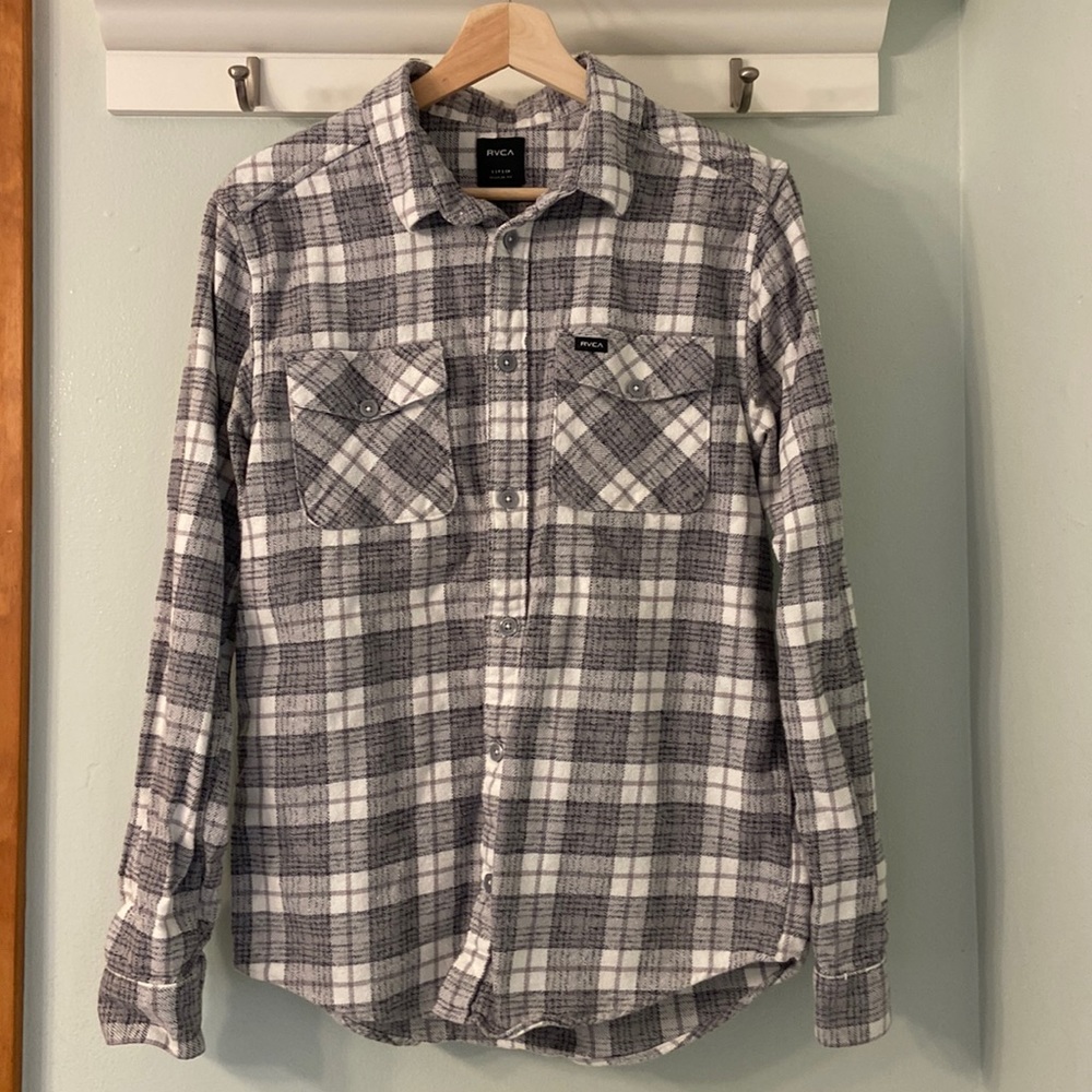 RVCA- Long sleeve button up flannel, plaid shirt.